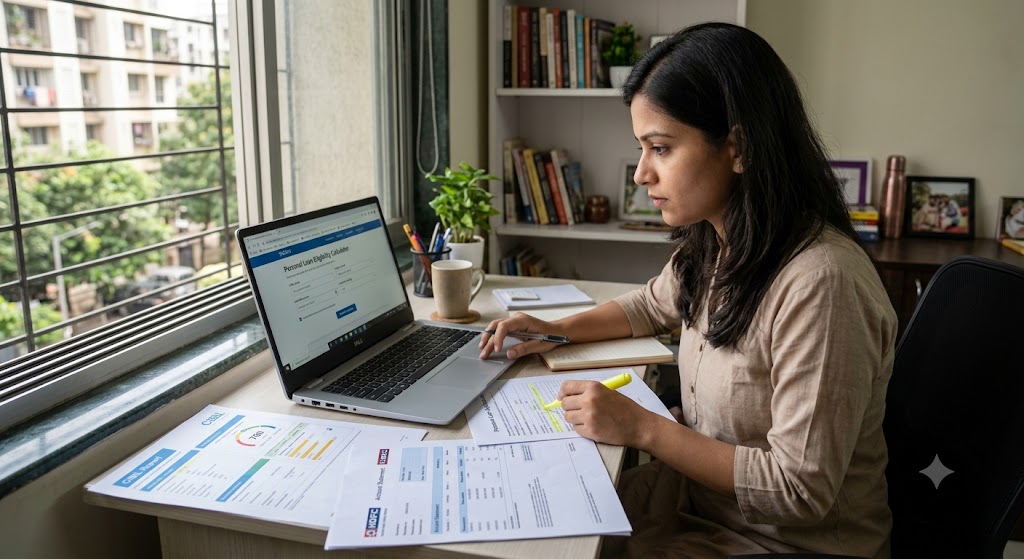Freelancer in Maharashtra reviewing personal loan eligibility, CIBIL score, bank statements, income proof and loan application documents on a laptop.