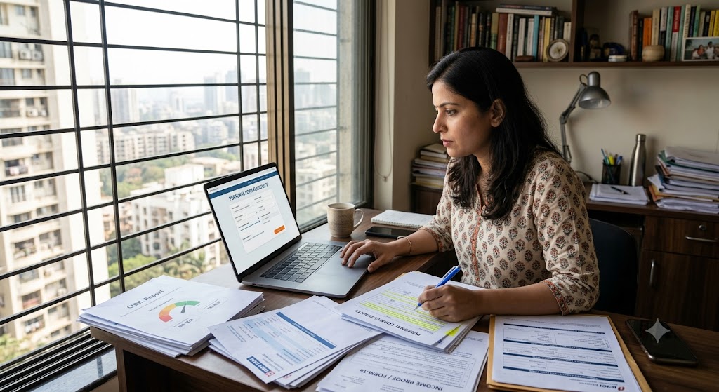 Freelancer in Maharashtra checking personal loan eligibility on a laptop with bank statements, income proof, CIBIL score and loan documents.