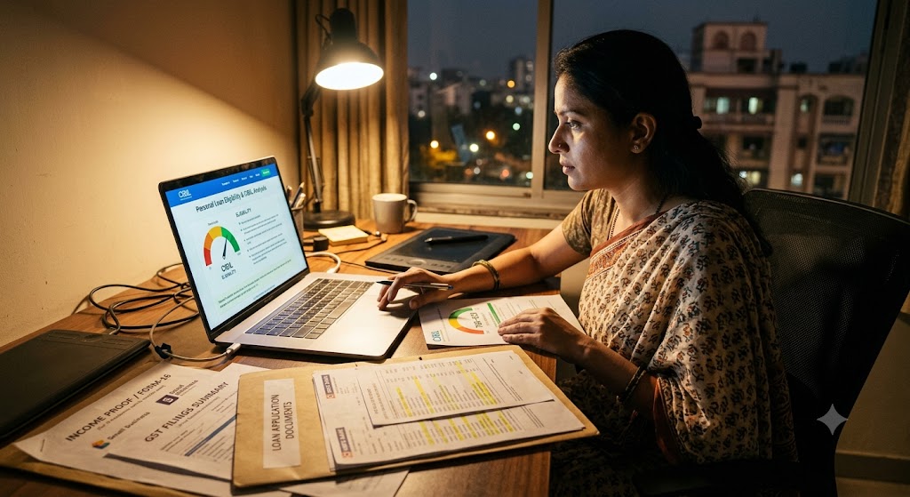 Freelancer in Maharashtra reviewing loan eligibility, CIBIL score, income documents, bank statements and KYC requirements before applying for a personal loan.