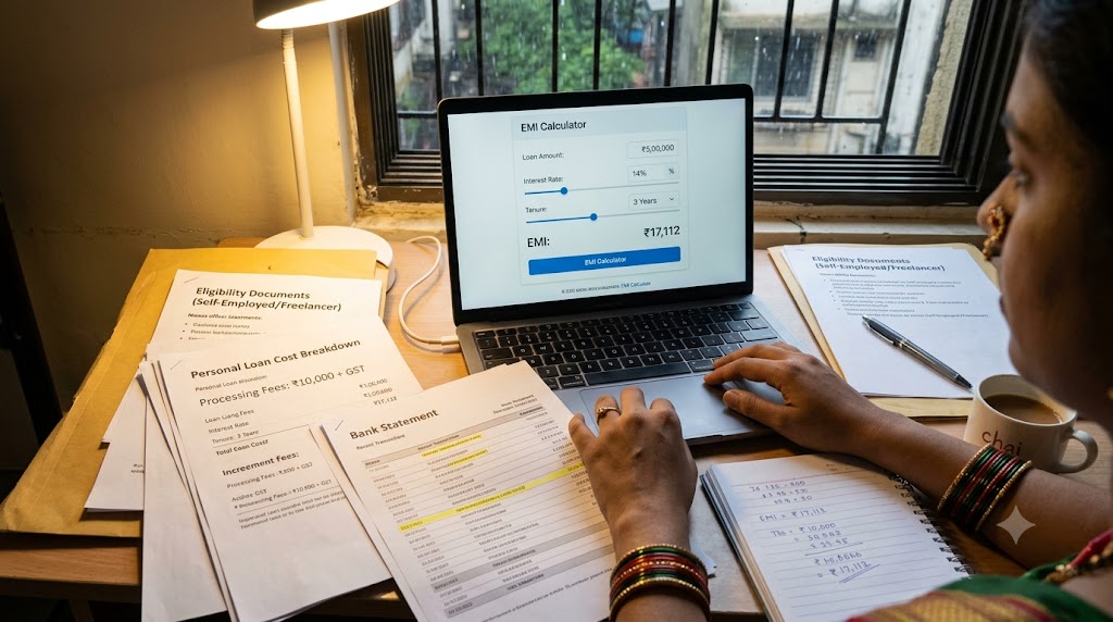 Freelancer in Maharashtra reviewing a personal loan cost breakdown with EMI calculations, interest rates, processing fees, bank statements and eligibility documents.