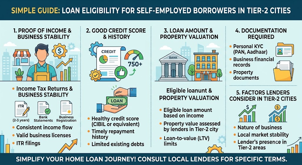 Self-employed shop owner in a Tier-2 city checking loan eligibility documents on a smartphone