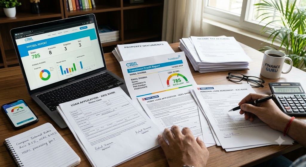 Multiple loan applications and CIBIL score showing credit report, loan documents, and credit score analysis