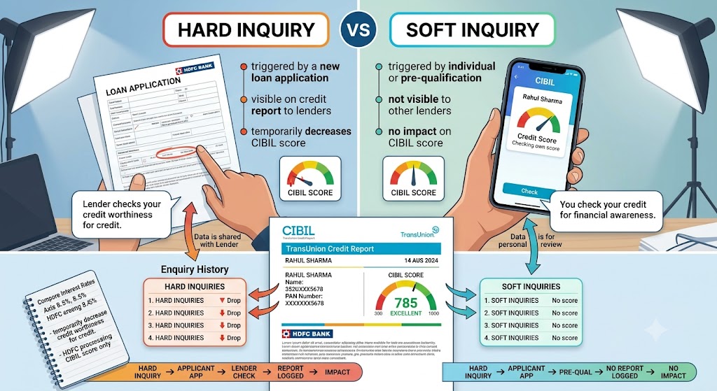 Hard inquiry vs soft inquiry comparison showing a CIBIL credit score report and personal loan application.