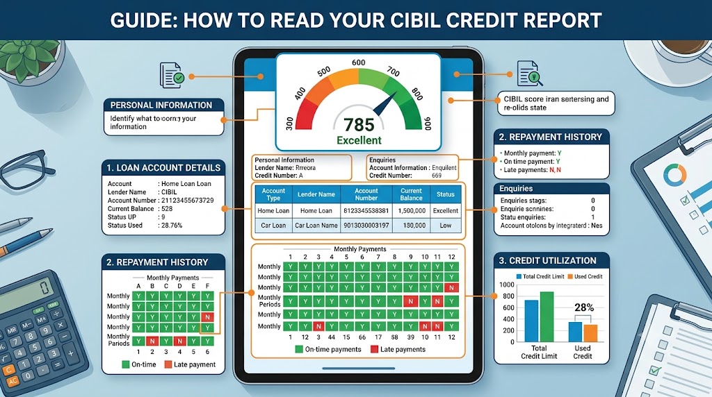 How to read a credit report showing CIBIL score, loan account details, repayment history, and credit utilization.