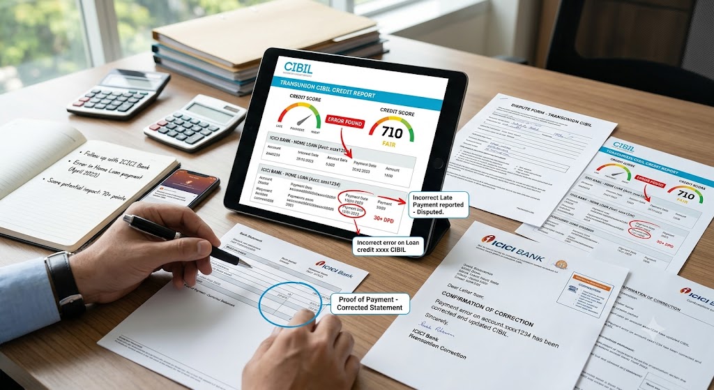 Credit report errors and corrections showing a CIBIL report, loan account details, and credit score verification.