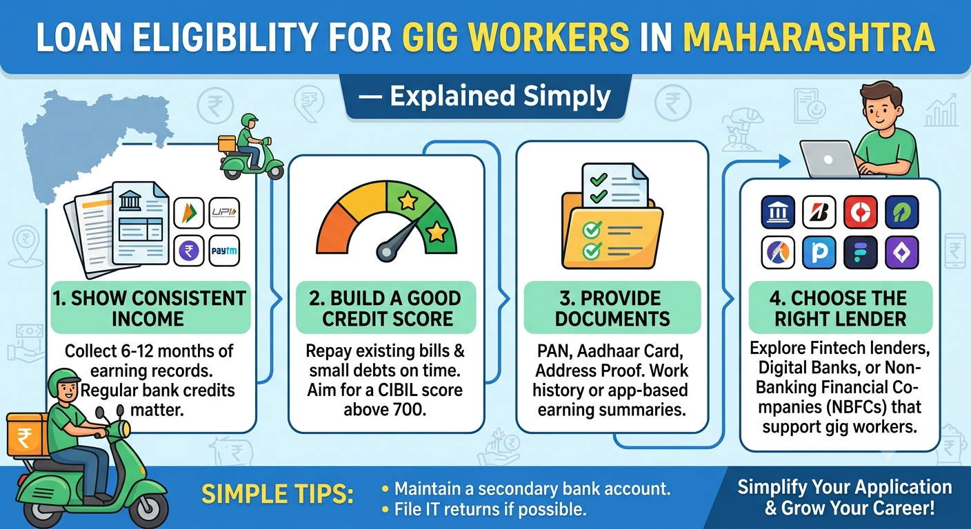 Loan eligibility for gig workers in Maharashtra explained simply, featuring delivery partners, cab drivers, and freelancers, with information on personal loan eligibility, income proof, required documents, and safe borrowing options.