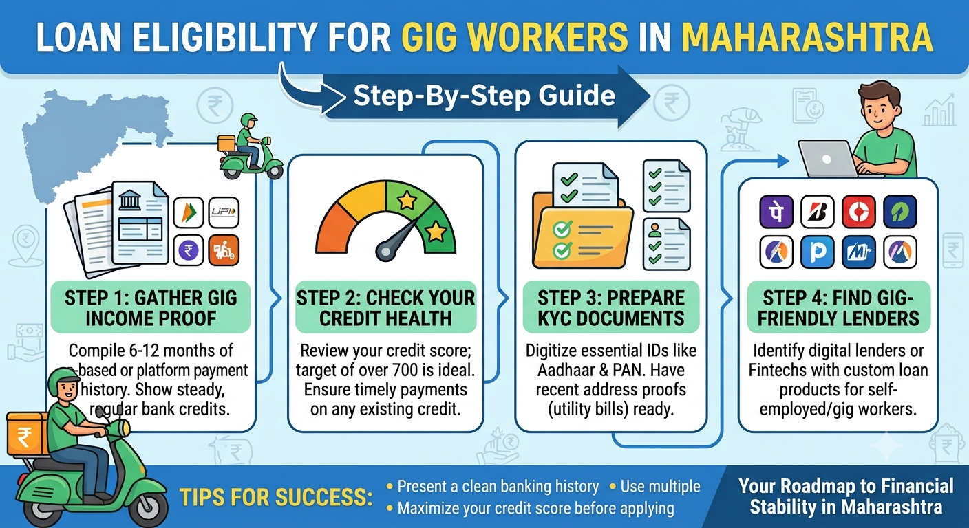 Loan Eligibility for Gig Workers in Maharashtra – Step-by-Step Guide to Applying for a Personal Loan, with documents, income proof, credit score, and loan application process for delivery partners, drivers, and freelancers.