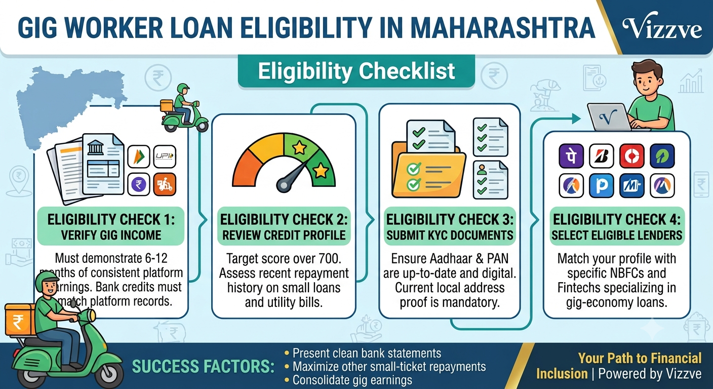 Loan Eligibility for Gig Workers in Maharashtra – Eligibility Checklist by Vizzve, covering income proof, bank statements, credit score, required documents, repayment capacity, and safe personal loan application tips for delivery partners, drivers, and fr