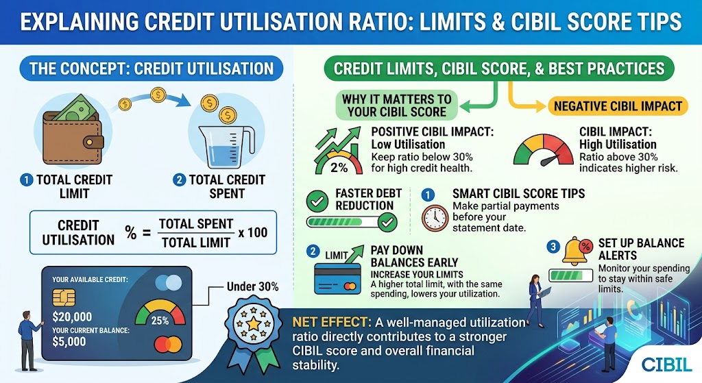 Credit utilisation ratio explained with credit card limits and CIBIL score tips