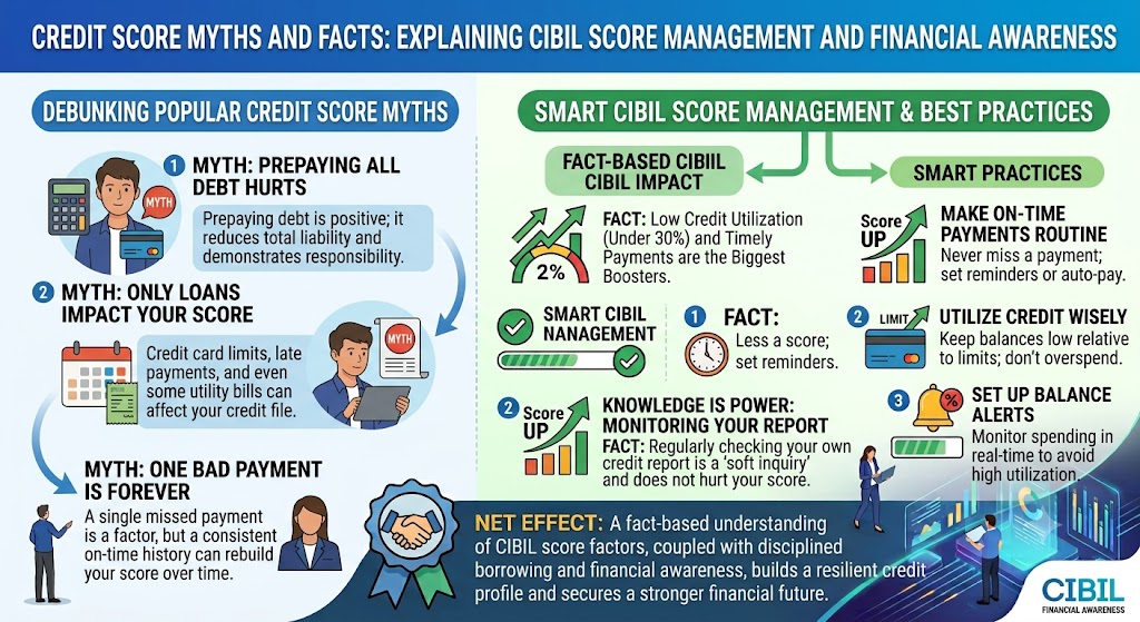 Credit score myths and facts explaining CIBIL score management and financial awareness