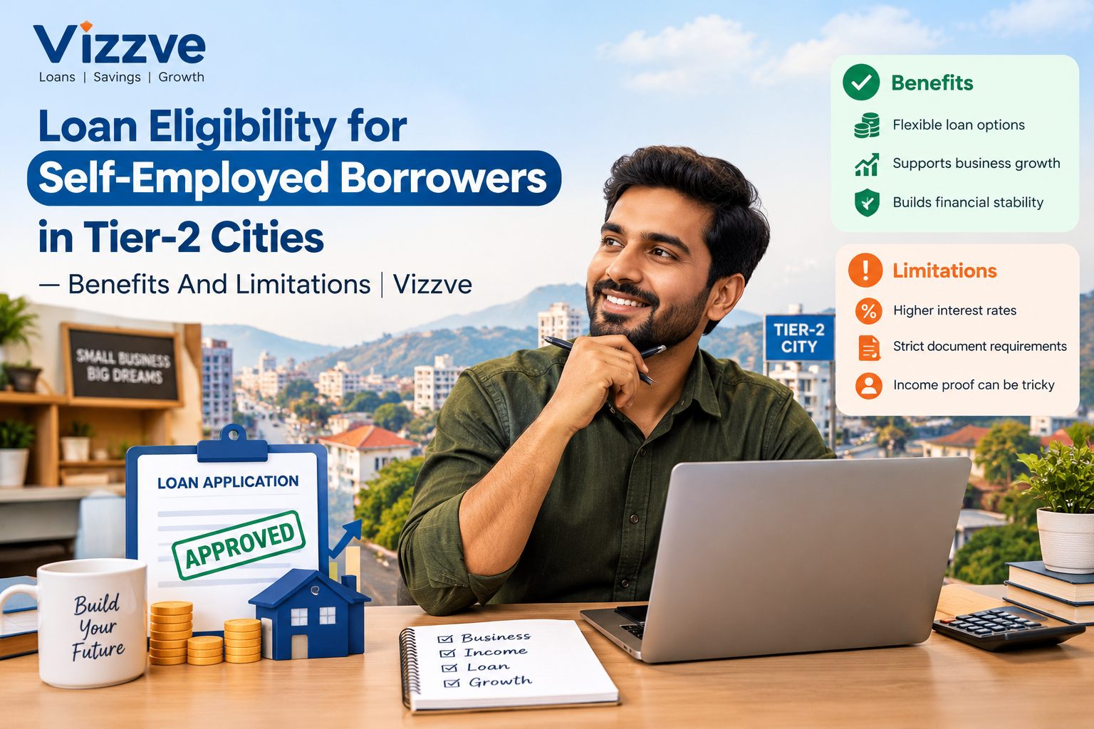 Self-employed borrower in a Tier-2 city checking loan eligibility on a smartphone