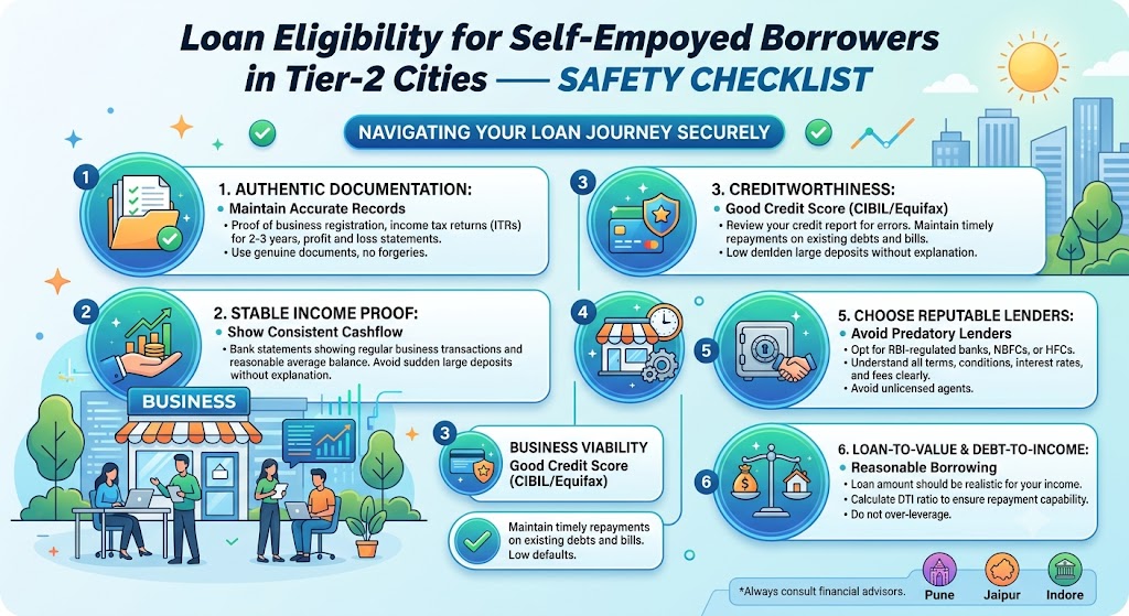 Self-employed borrower in a Tier-2 city checking loan eligibility on a smartphone