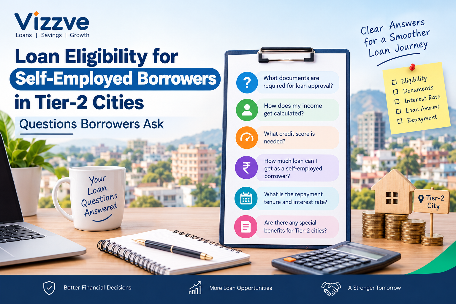 Self-employed borrower in a Tier-2 city checking loan eligibility on a smartphone.