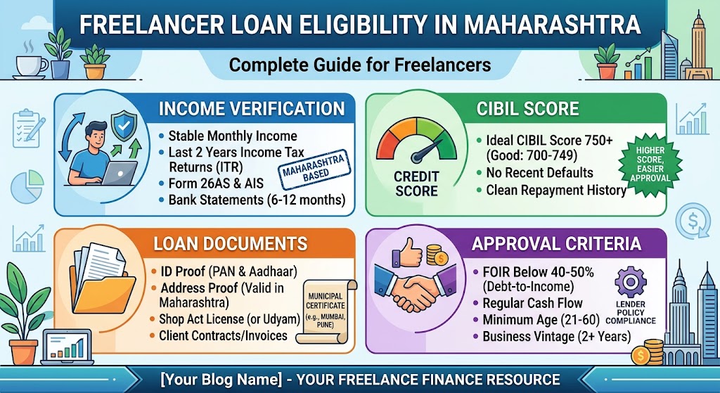 Freelancer loan eligibility in Maharashtra showing income verification, CIBIL score, loan documents and personal loan approval criteria.