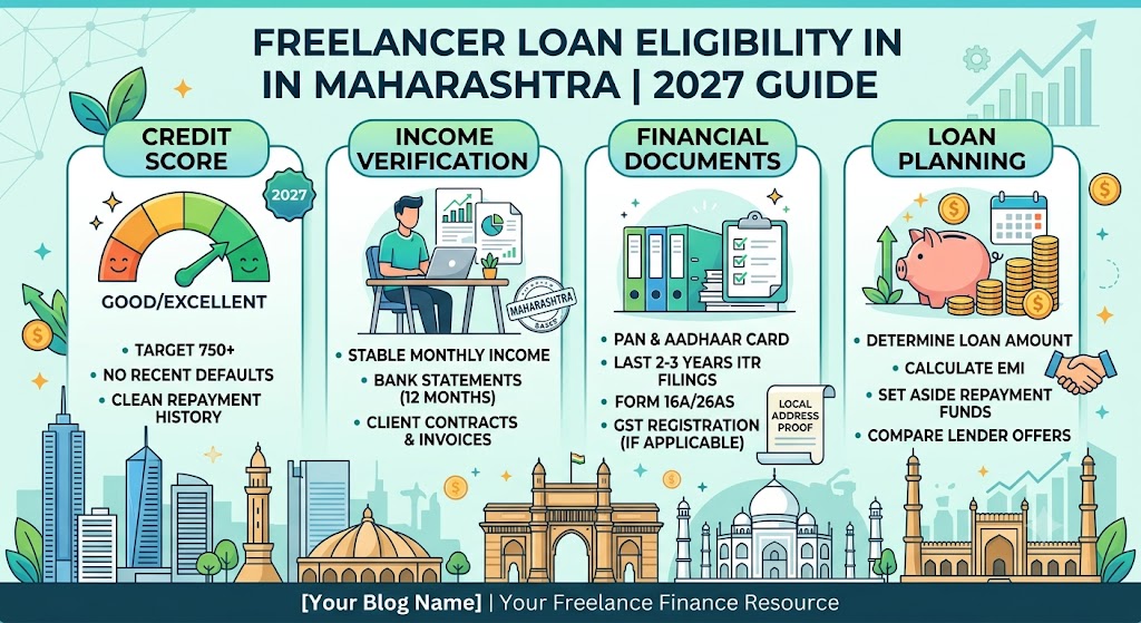 Freelancer loan eligibility in Maharashtra for 2027 showing credit score, income verification, financial documents and loan planning.