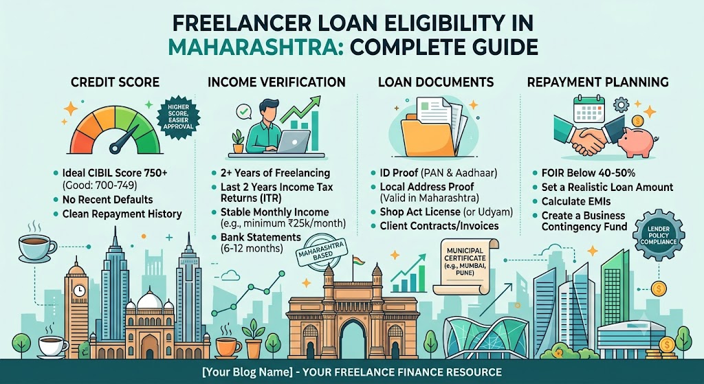Complete guide to loan eligibility for freelancers in Maharashtra showing credit score, income verification, loan documents and repayment planning.