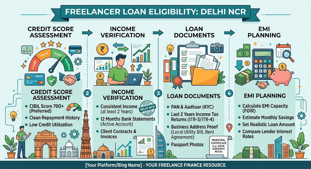 Loan eligibility for freelancers in Delhi NCR, showing credit score assessment, income verification, loan documents and EMI planning.