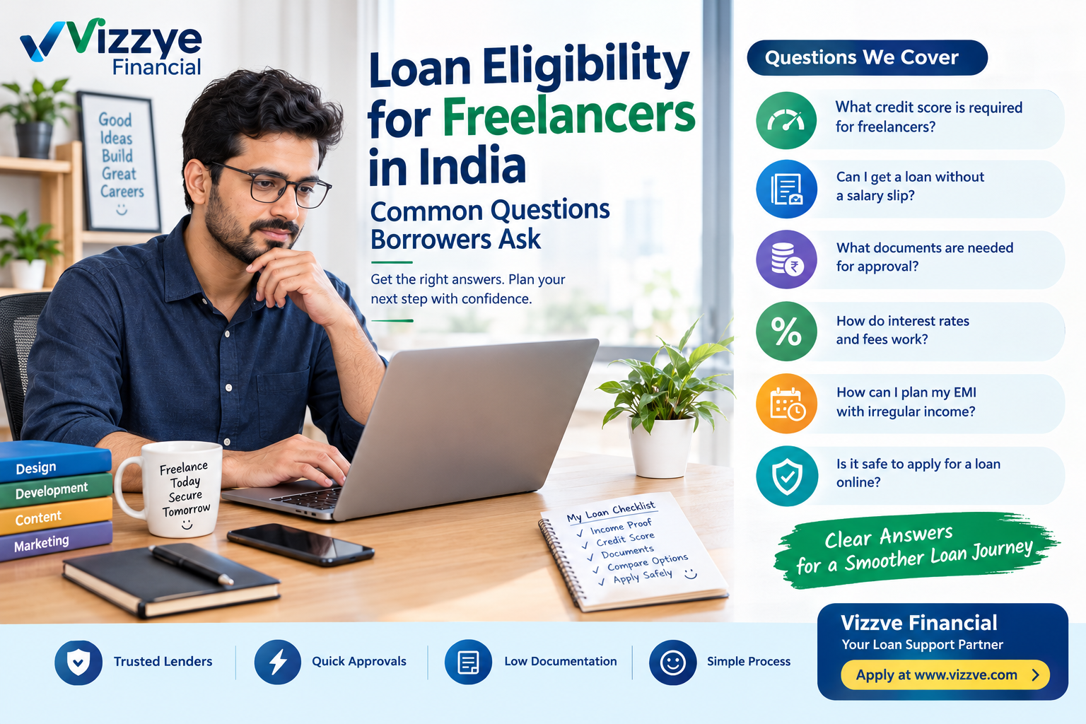 Loan eligibility for freelancers in India, answering common questions about credit score, income proof, required documents, interest rates, EMI planning, and safe borrowing with Vizzve Financial.