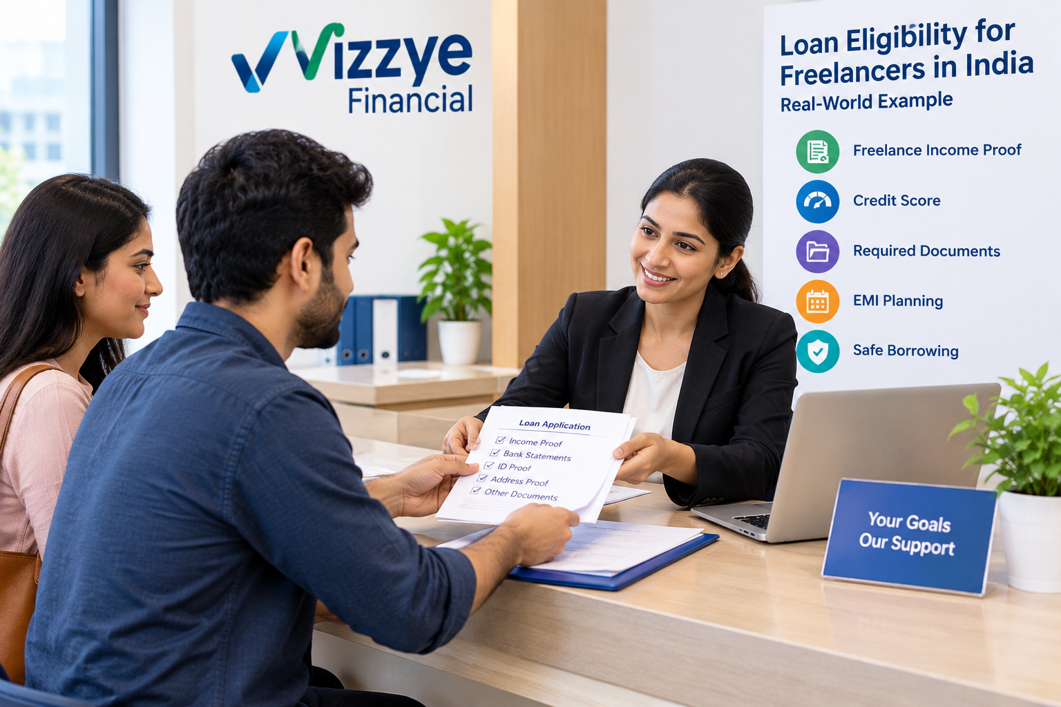 Loan eligibility for freelancers in India explained through a real-world example, covering freelance income proof, credit score, required documents, EMI planning, and safe borrowing with Vizzve Financial.