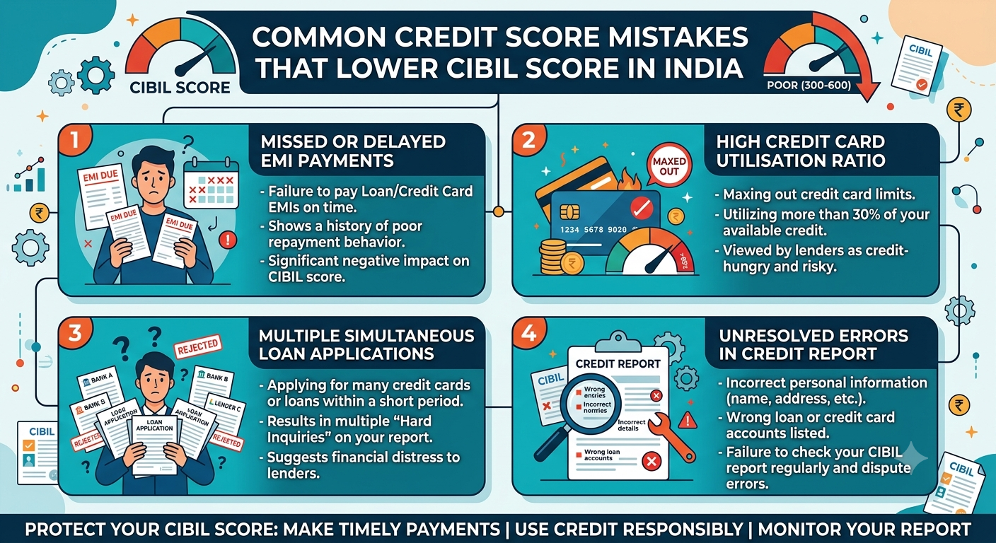 Common credit score mistakes that lower CIBIL score, including missed EMI payments, high credit card utilisation, multiple loan applications, and credit report errors in India.