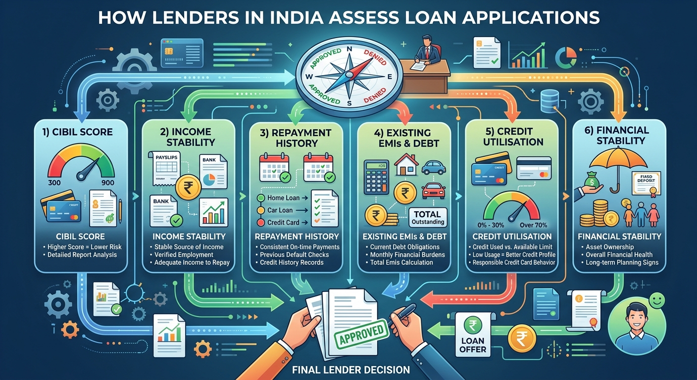 How lenders assess creditworthiness using CIBIL score, income, repayment history, existing EMIs, credit utilisation, and financial stability for loan approval in India.