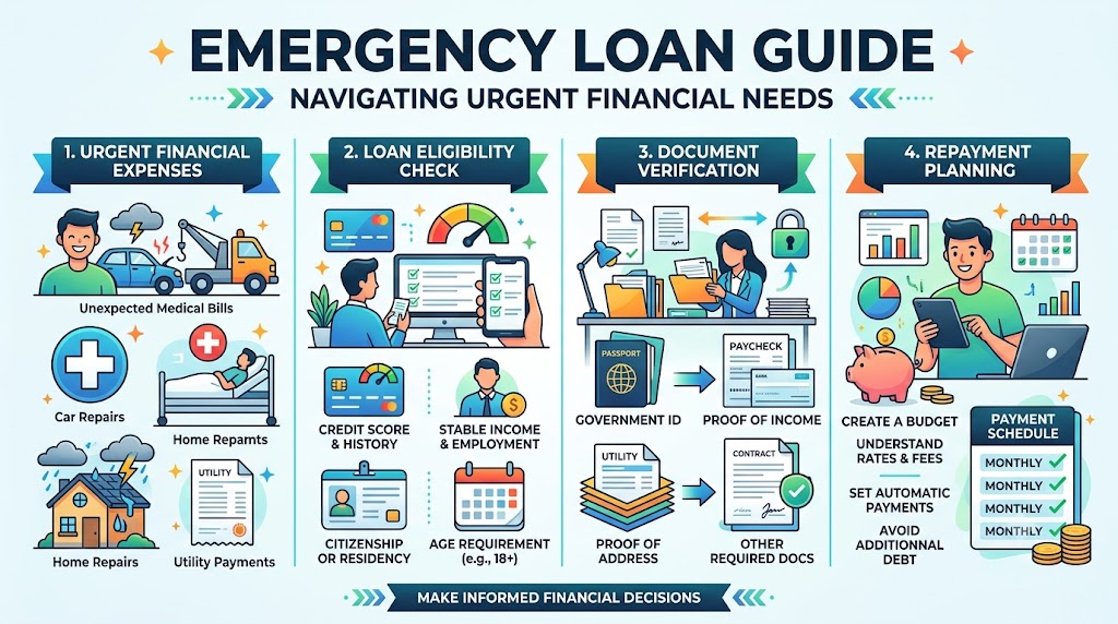 Emergency loan guide showing urgent financial expenses, loan eligibility, document verification and repayment planning.