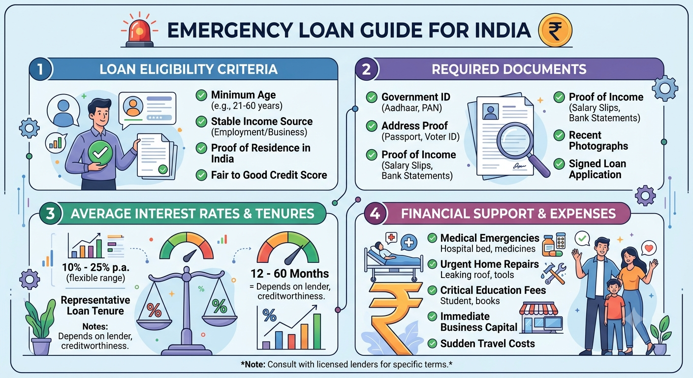 Emergency loan guide showing loan eligibility, required documents, interest rates, and financial support for urgent expenses in India.