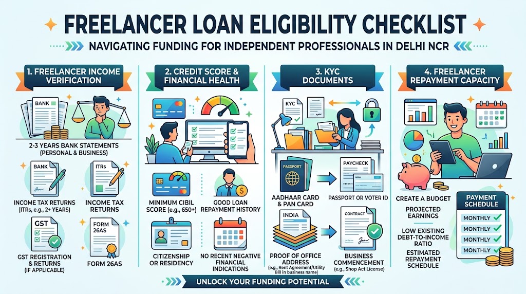 Loan eligibility checklist for freelancers in Delhi NCR showing income verification, credit score, KYC documents and repayment capacity.