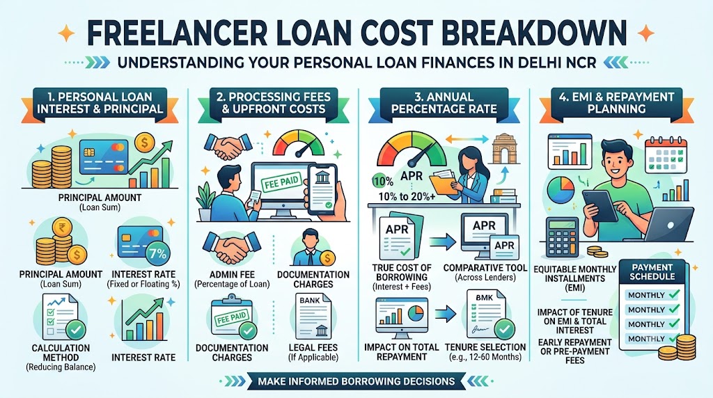 Freelancer loan cost breakdown showing personal loan interest, processing fees, APR, EMI and repayment planning in Delhi NCR.