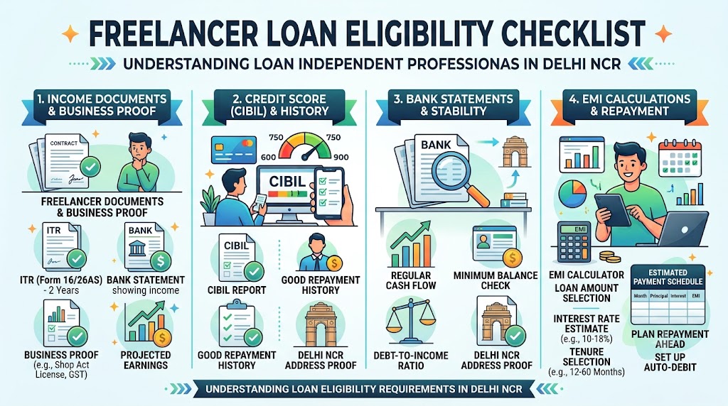 Freelancer reviewing a loan eligibility checklist with income documents, CIBIL score, bank statements and EMI calculations for a personal loan in Delhi NCR.