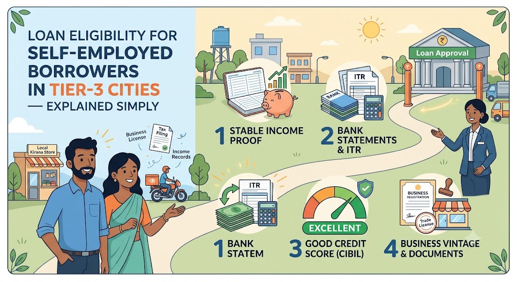 Self-employed small business owner in a Tier-3 Indian city reviewing loan eligibility documents at a shop.