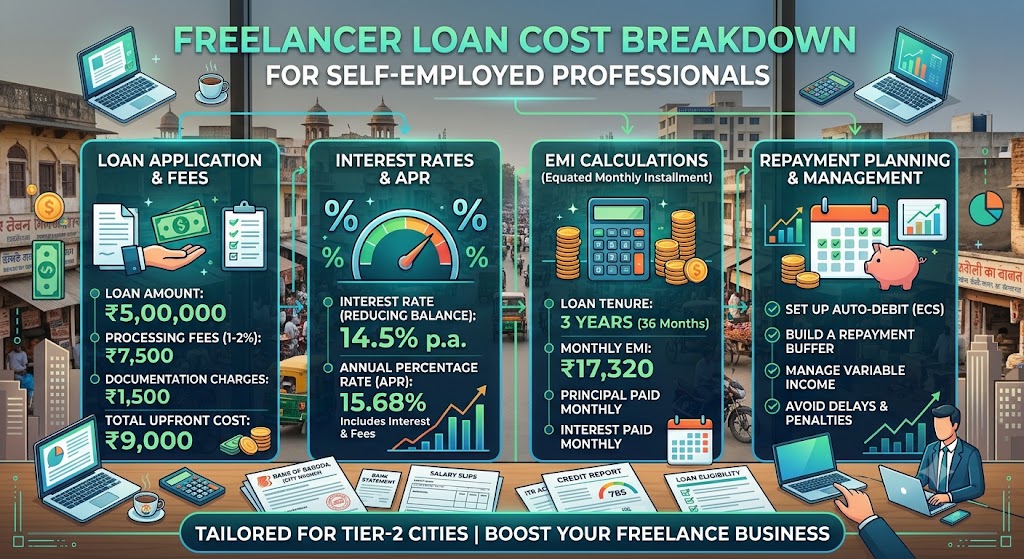  Freelancer reviewing a loan eligibility checklist with income documents, credit score, bank statements and EMI calculations in a Tier-2 city.