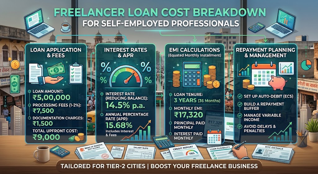  Freelancer checking loan eligibility documents, income records, credit report, KYC details and EMI calculations before applying for a personal loan.