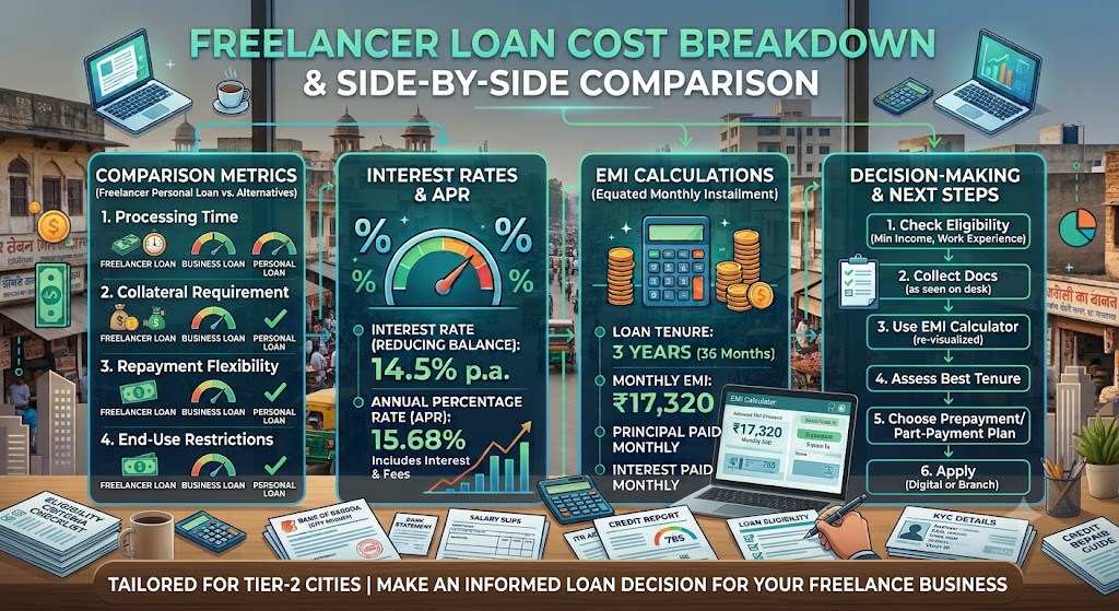 Freelancer comparing personal loan benefits and limitations with income documents, credit report, EMI calculations and loan cost details.