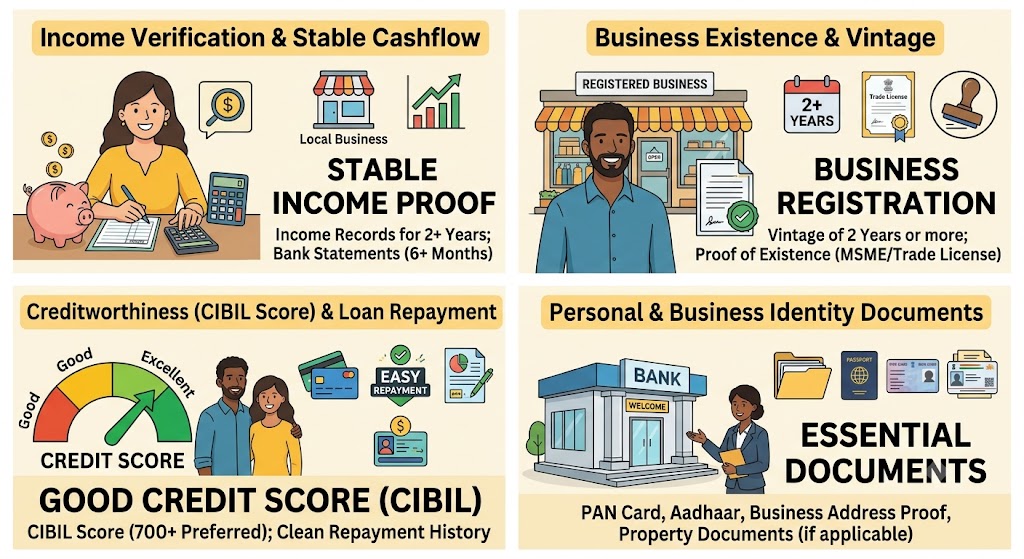 Self-employed business owner in a Tier-3 Indian city reviewing a loan eligibility checklist at a local shop.