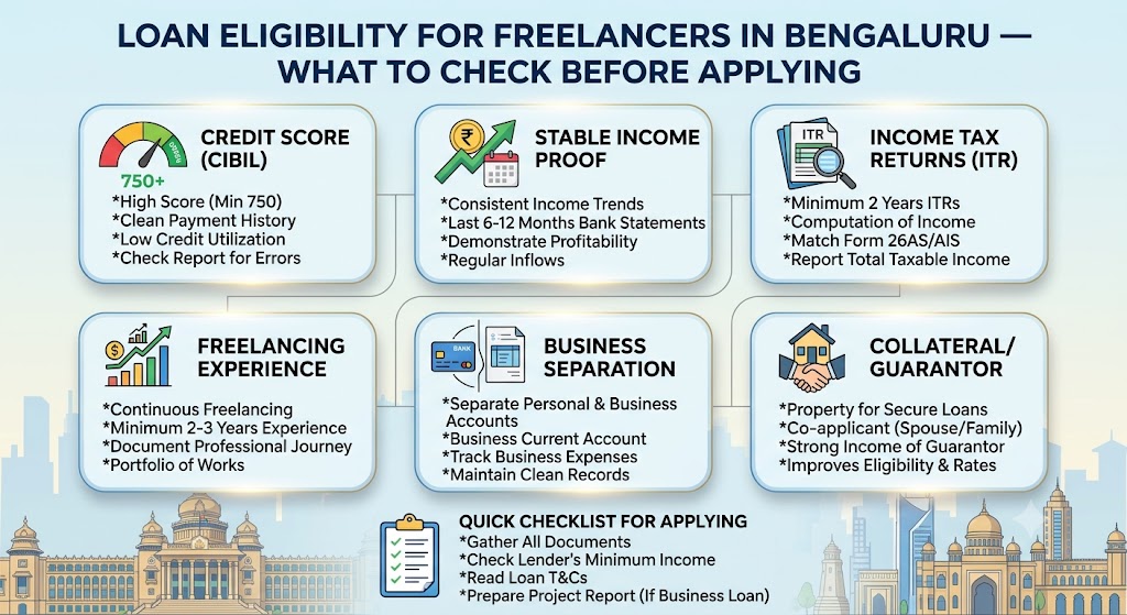 An infographic titled "LOAN ELIGIBILITY FOR FREELANCERS IN BENGALURU — WHAT TO CHECK BEFORE APPLYING" with an illustration of Vidhana Soudha and Bengaluru city skyline at the bottom. The graphic is divided into six main feature cards and a summary checkli
