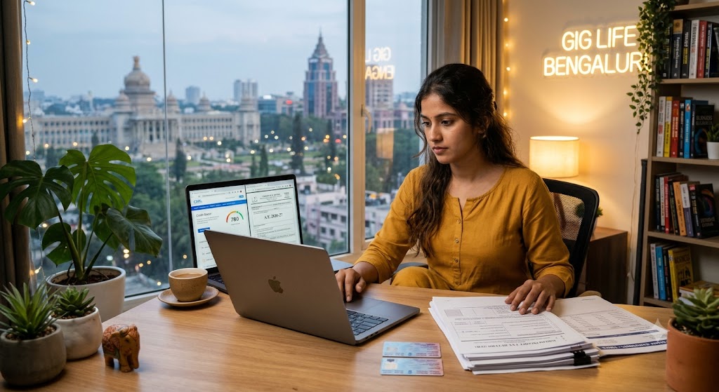 “Freelancer in Bengaluru checking loan eligibility documents on laptop with ITR, bank statement and credit score report”