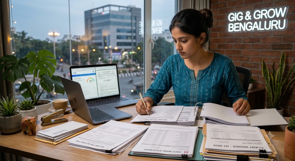 Freelancer preparing ITR, bank statements and invoices for a loan application