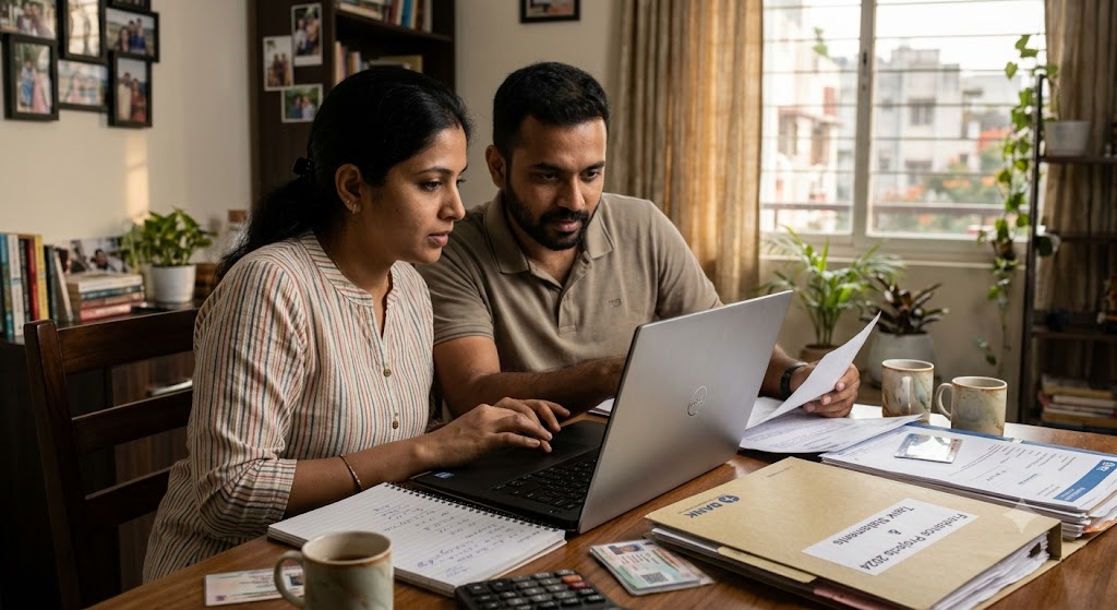 Freelancer in Bengaluru checking personal loan eligibility on a laptop with financial documents nearby.