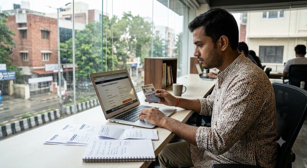 Freelancer in Bengaluru checking personal loan eligibility on a laptop with income documents