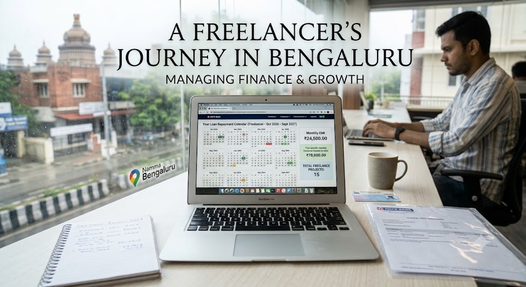 Freelancer working on a laptop in Bengaluru with text overlay