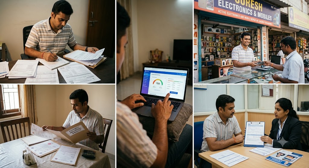 Self-employed borrower in a Tier-3 Indian city checking loan eligibility documents, ITR papers and bank statements before applying for a loan.