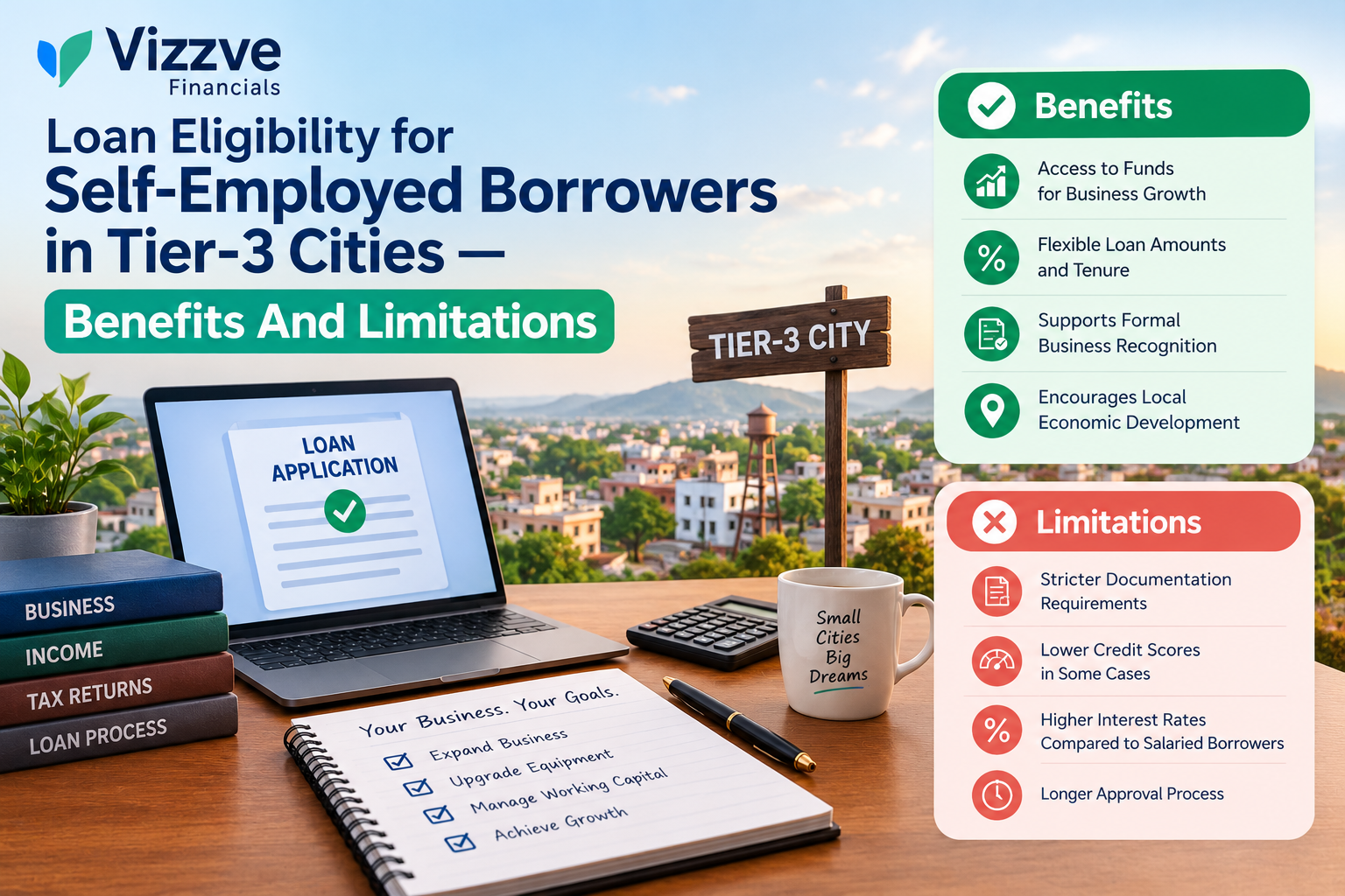 Self-employed shop owner in a Tier-3 Indian city reviewing loan eligibility benefits and limitations before applying for a business or personal loan.