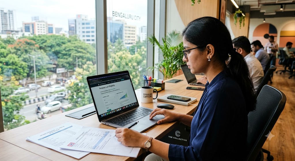 Freelancer in Bengaluru checking personal loan eligibility and income documents on a laptop