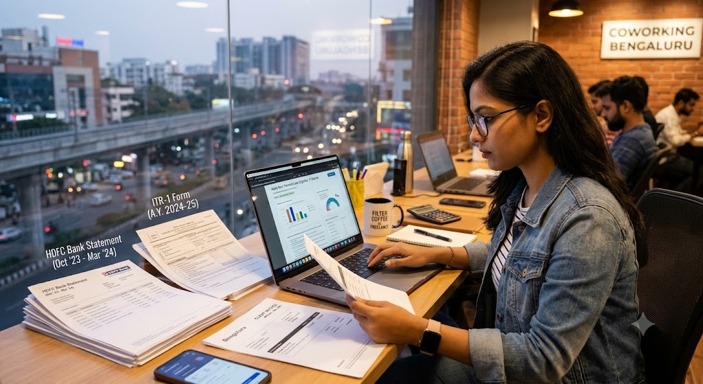 Freelancer in Bengaluru checking personal loan eligibility using bank statements, ITR and client invoice