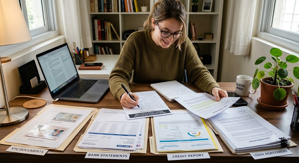  Freelancer reviewing a personal loan safety checklist with KYC documents, bank statements, credit report and loan agreement on a desk.