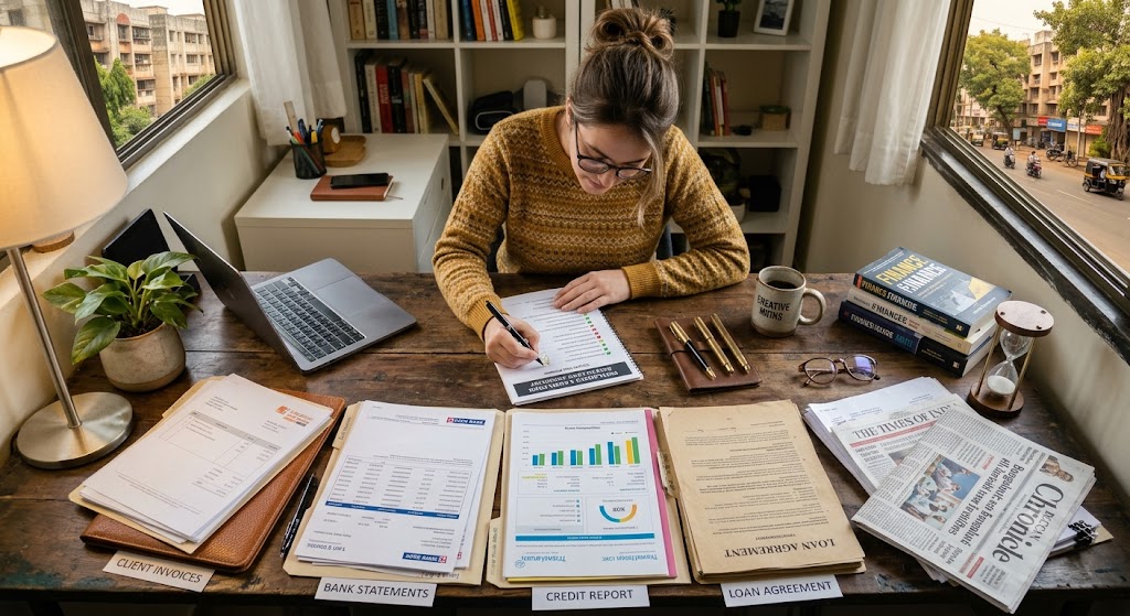 Freelancer reviewing loan eligibility documents, bank statements, client invoices and a credit report at a desk in a Tier-2 city.