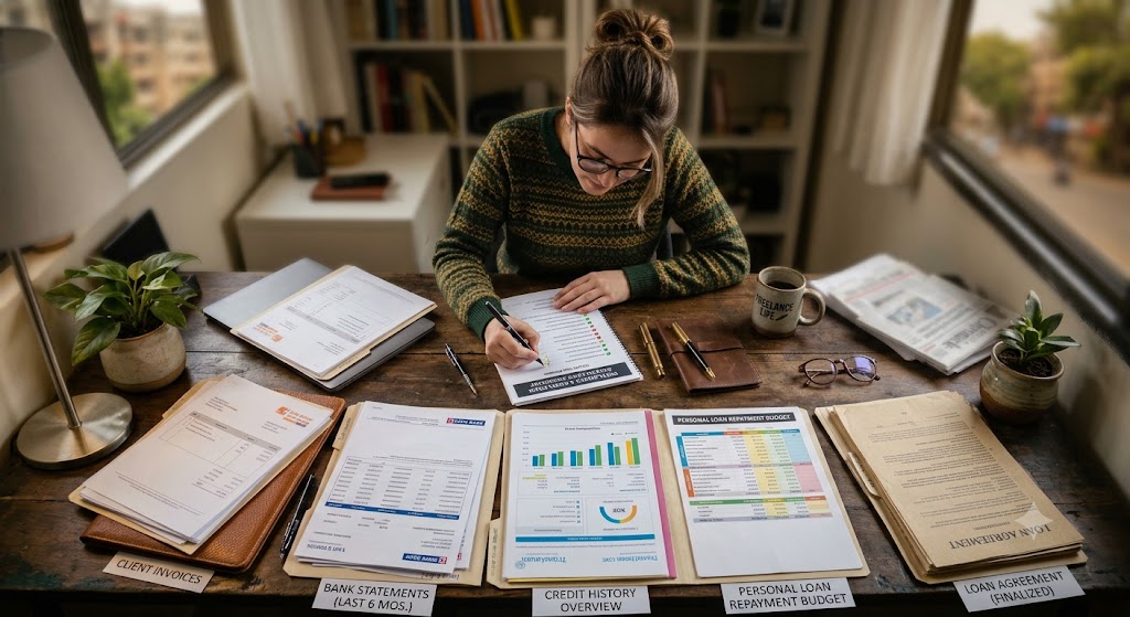 Freelancer reviewing bank statements, client invoices, credit history and a personal loan repayment budget at a desk.