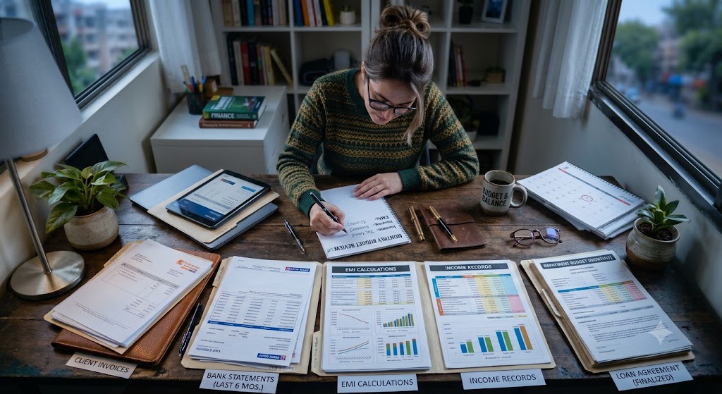 Freelancer reviewing a monthly loan repayment budget with bank statements, EMI calculations, income records and a laptop on a desk.