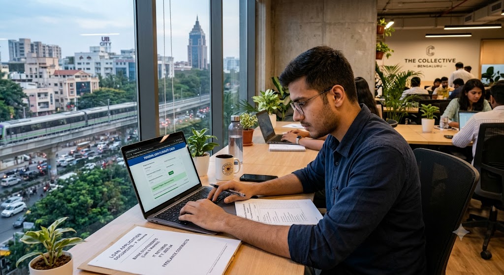 Freelancer working on a laptop in Bengaluru while checking personal loan eligibility documents